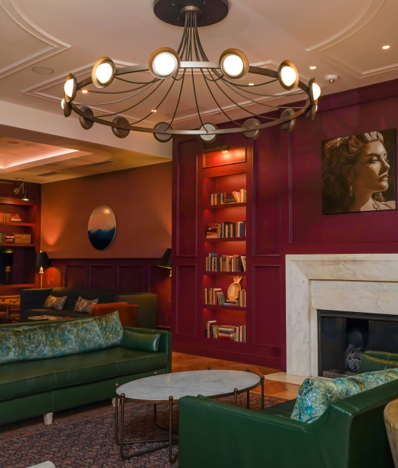The front desk lounge at The Eliza Jane Hotel in New Orleans