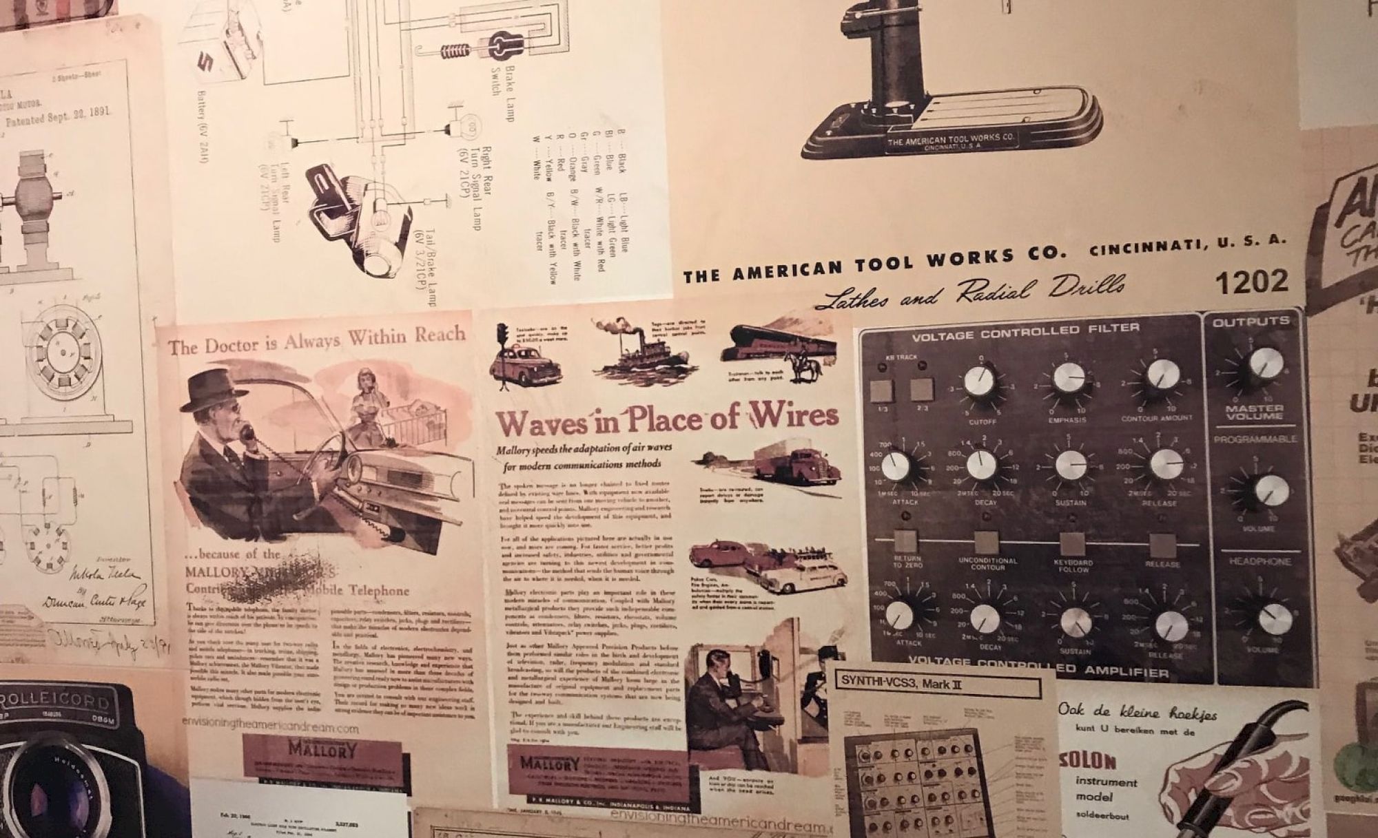 A vintage collage of technical illustrations, ads, and articles featuring tools, radios, and electrical components, with a retro design theme.