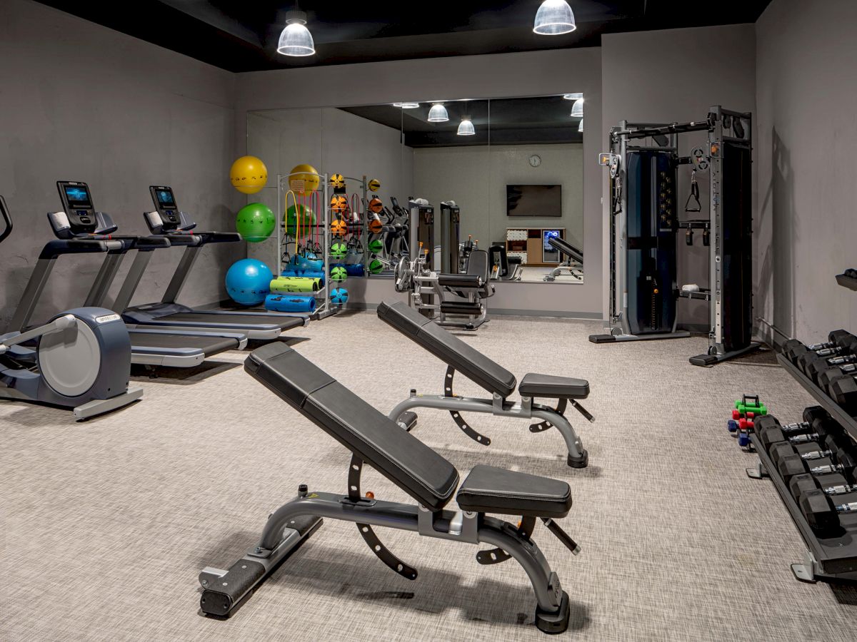 A gym with treadmills, benches, weights, exercise balls, and a workout machine, all set on a gray carpeted floor.