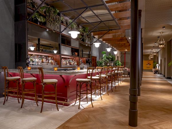 A stylish bar with a long red counter and matching stools, potted plants, warm lighting, and a modern, welcoming lounge area.
