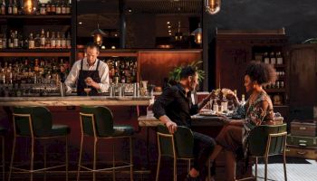 Two people dining at a bar with a bartender behind them; cozy, upscale restaurant atmosphere with warm lighting, bottles on shelves, and stools.