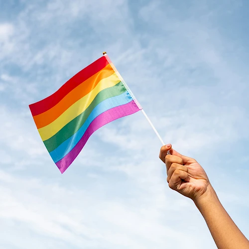 A hand raises a small rainbow Pride flag against a blue sky with light clouds, symbolizing LGBTQ pride.